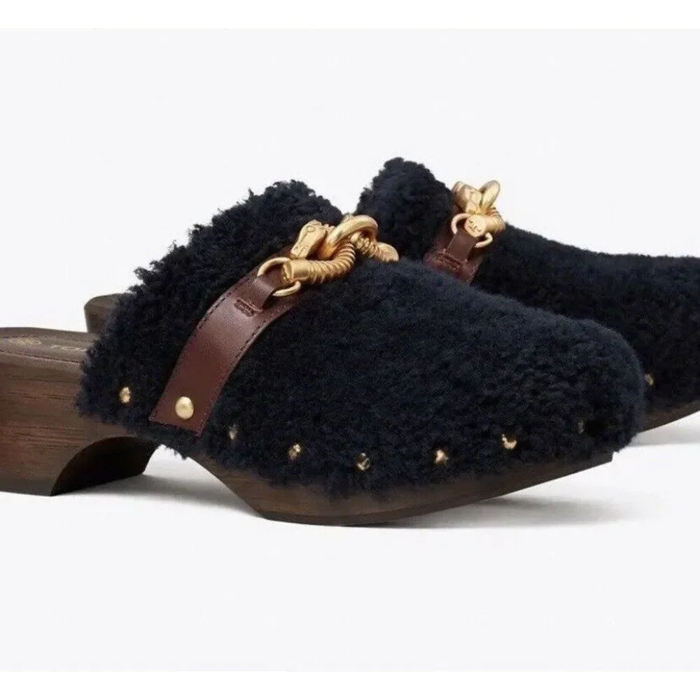 Tory Burch Jessa Shearling Clog Navy With Gold Logo Plum Leather Trim Size 6